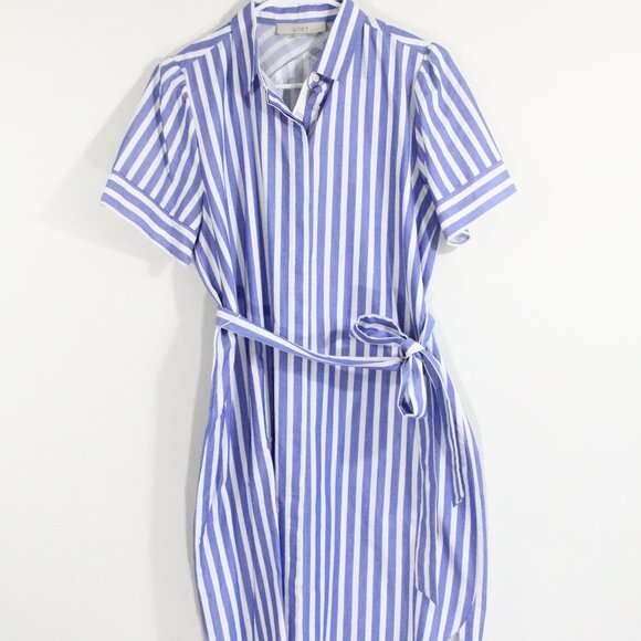 Loft Striped Shirt Dress Medium NEW Women Button Front Cotton Puff Sleeve - Picture 5 of 9